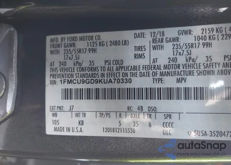 2019 Ford Escape Se из США, поврежденный, VIN 1FMCU9GD9KUA70330